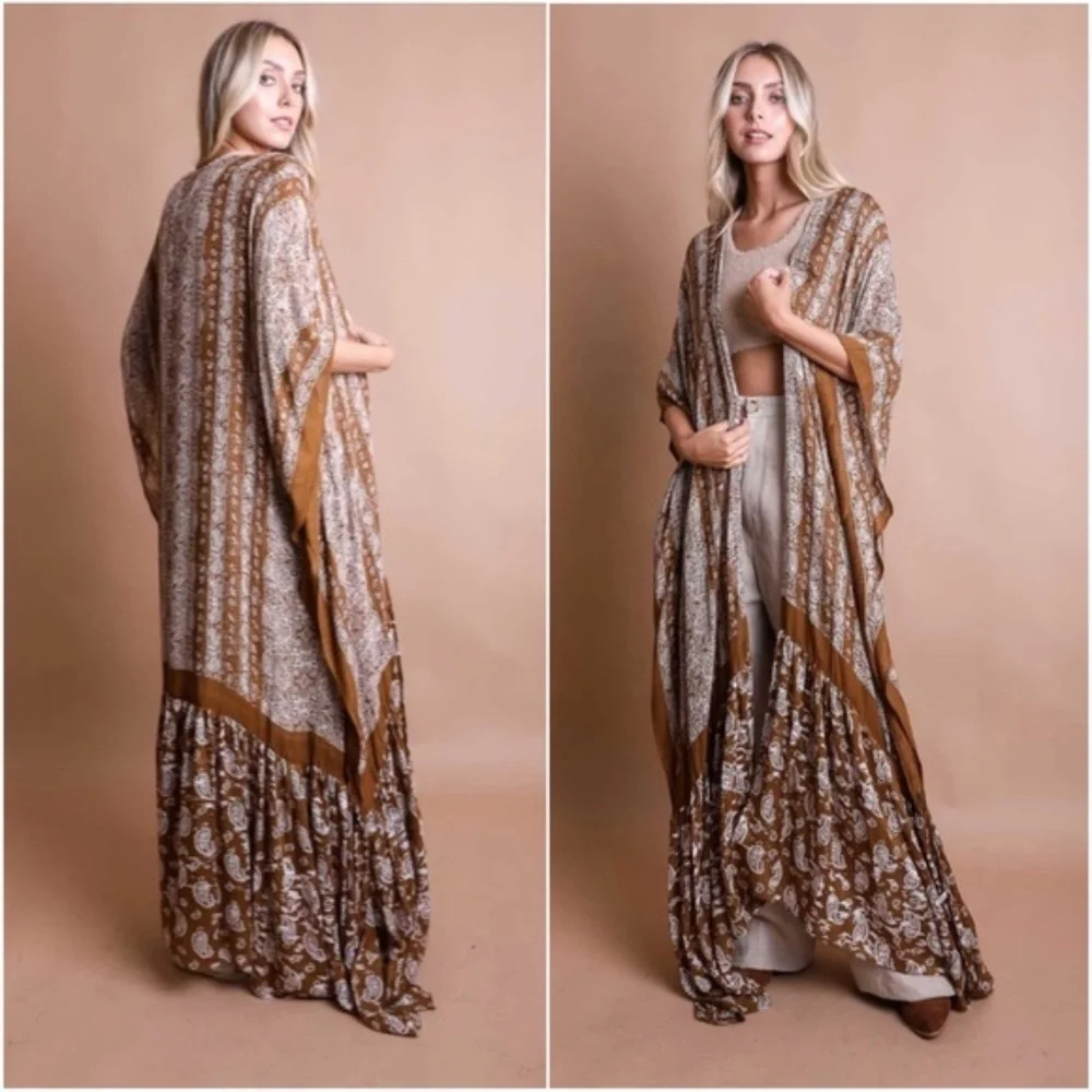 Boho Gypsy Denim Blue Paisley Ruffle Long Kimono Cover up - Picture 4 of 4